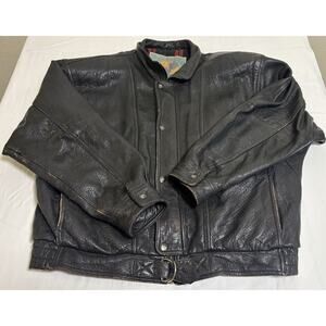 VINTAGE MEN’S COMET INTERCONTINENTAL BLACK LEATHER Bomber JACKET Plaid Lining